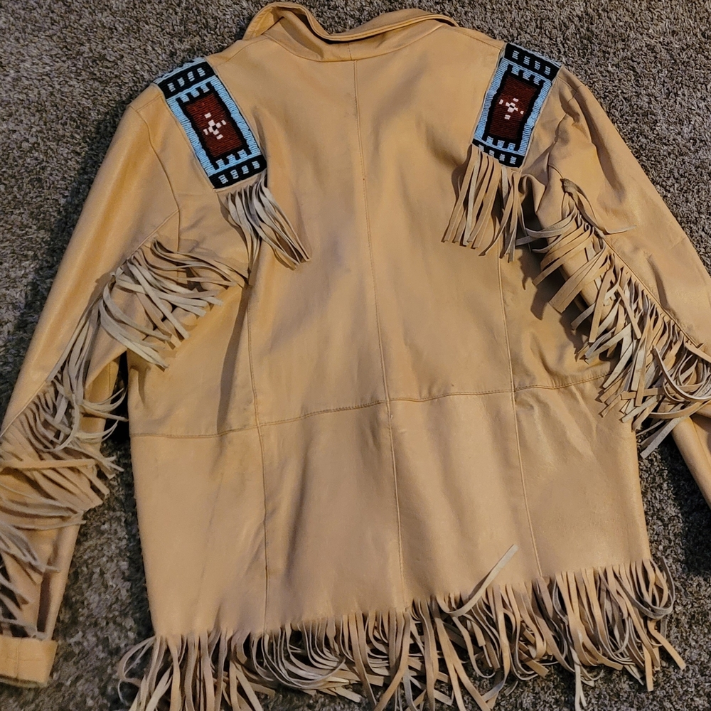 Fringed Leather Jacket with Beaded Design - Picture 5 of 12